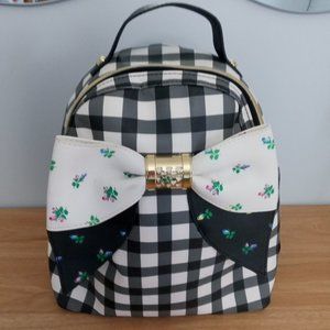 Betsey Johnson Backpack Black and White Gingham Design with Big Rosebud Bow